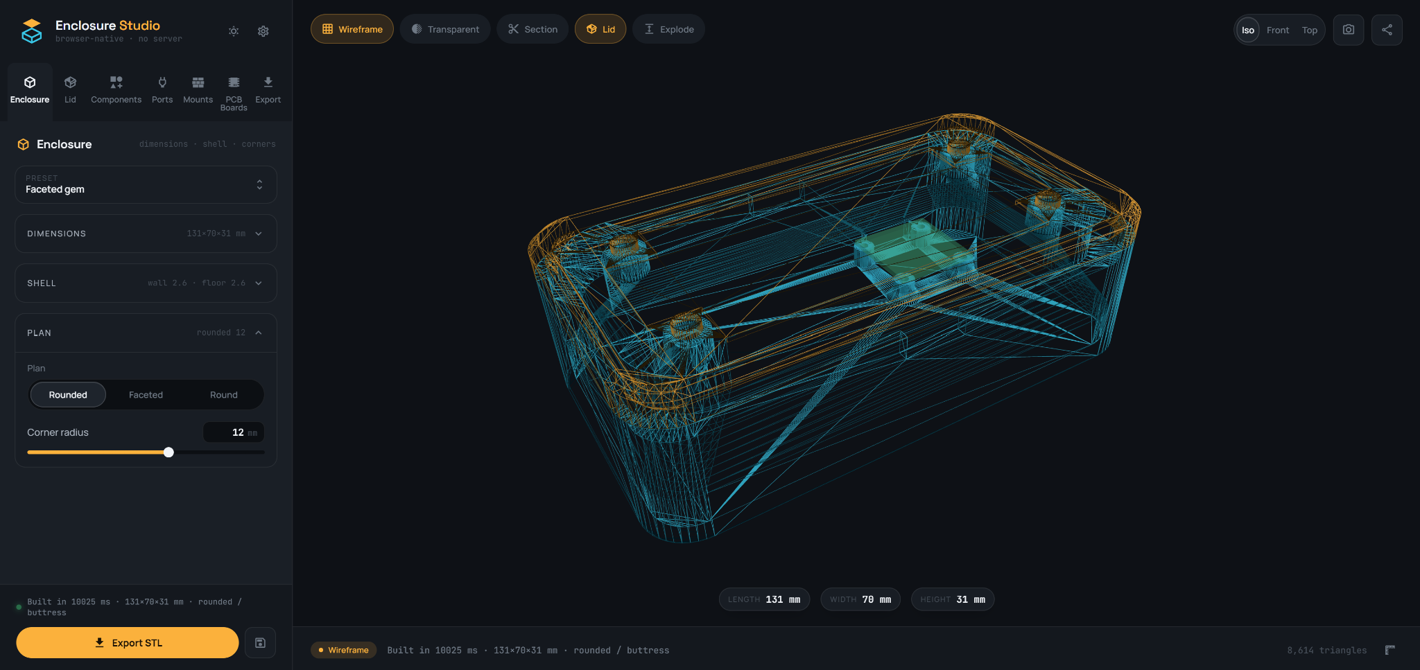 Wireframe inspection of generated enclosure geometry